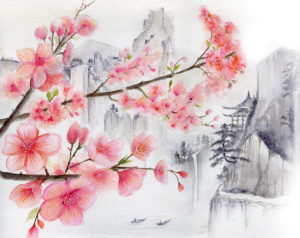 cherry blossom watercolour painting for sale