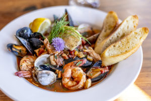 bowl of seafood at a restaurant in BC wine country