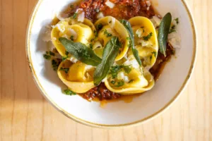 beautiful plate of tortollini pasta and sage