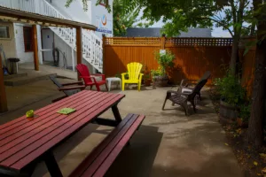 hostel outdoor space with picnic table