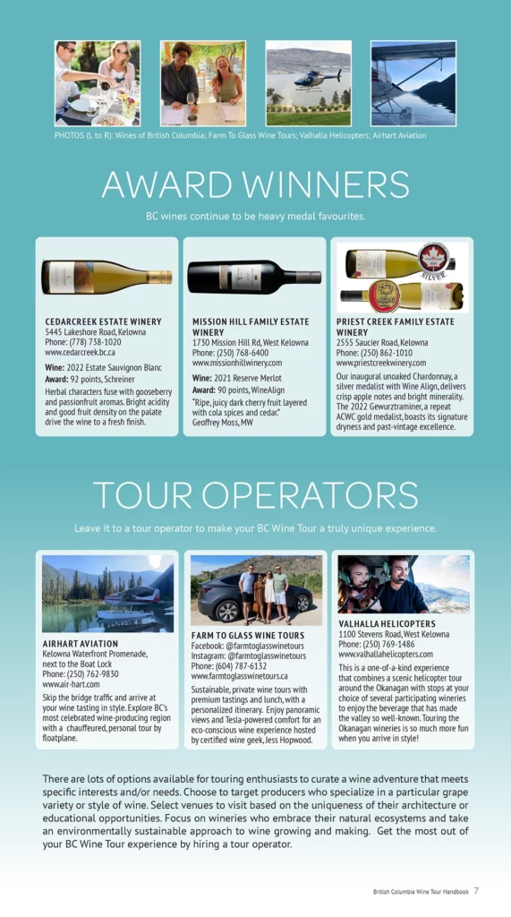 award winning bc wineries, tour operators in BC